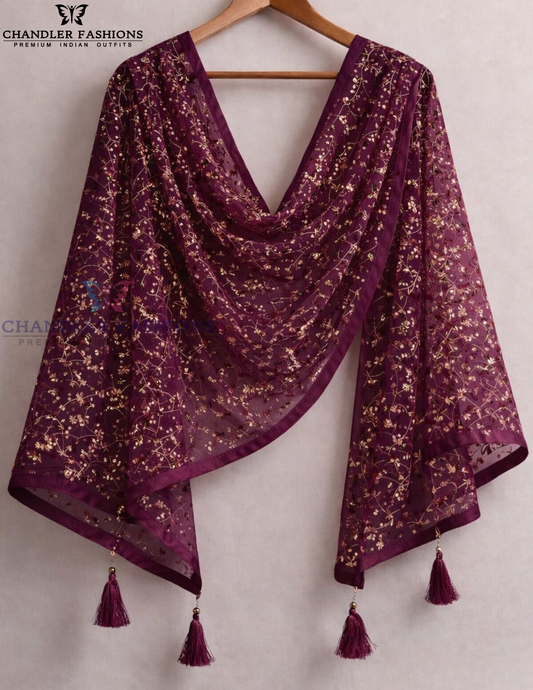 Charming Wine Color Net With Embroidery Work Dupatta For Women