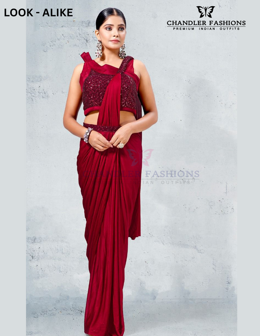 Stylish Dark Maroon Ready To Wear Lycra Designer Saree