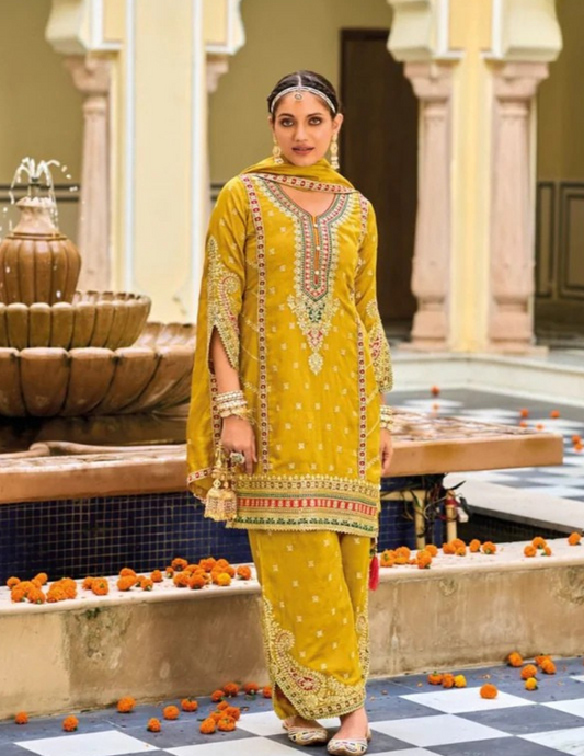 Amazing Yellow Color Premium Silk Embroidery Work Kurti With Palazzo Sets