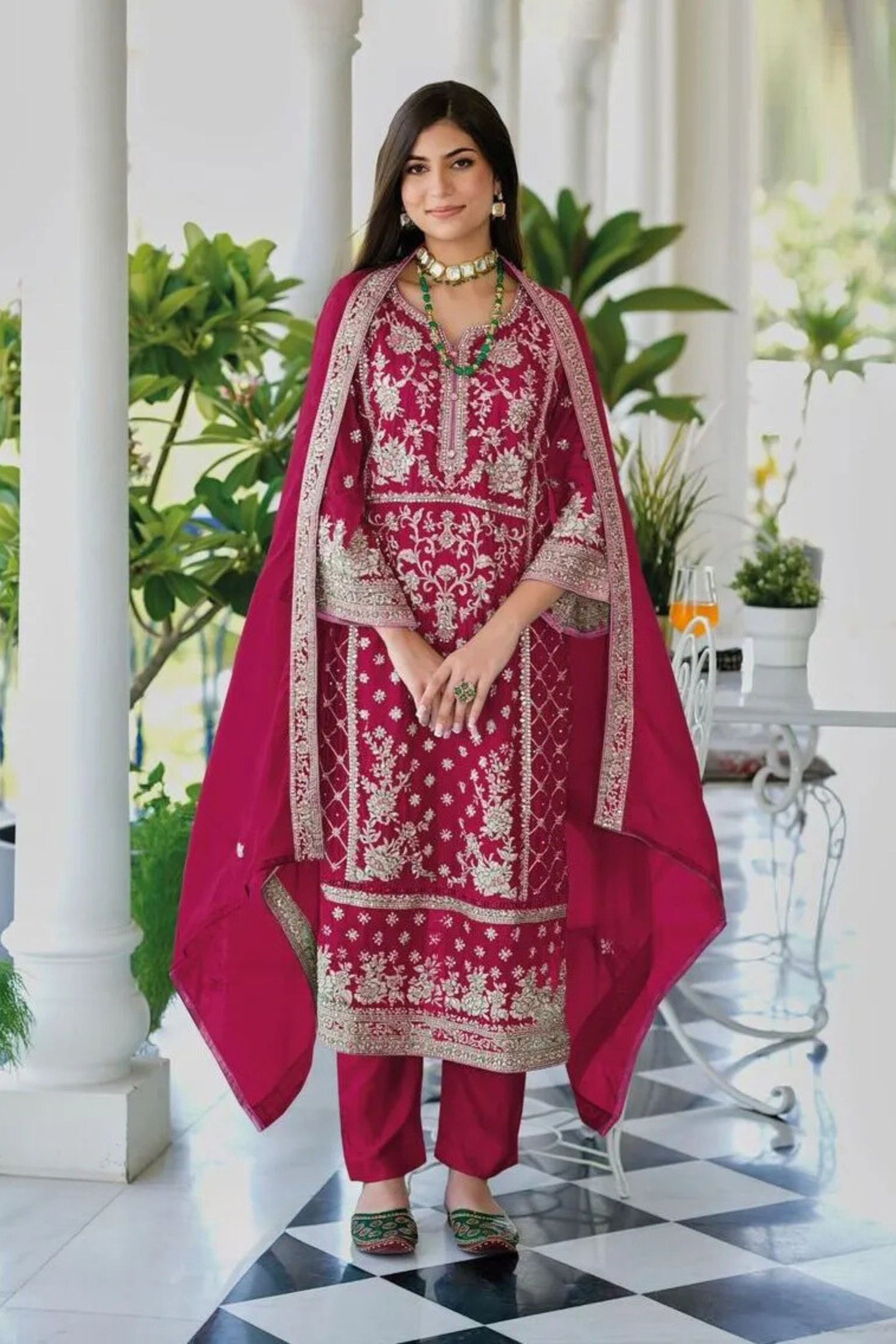 Attractive Rani Pink Color Heavy Silk Embroidery Salwar Suits With Dupatta