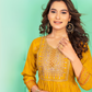 Attactive yellow Color Screen Print Flared Long Kurti With Computer Embroidery Yock With Lace Kurti For Women