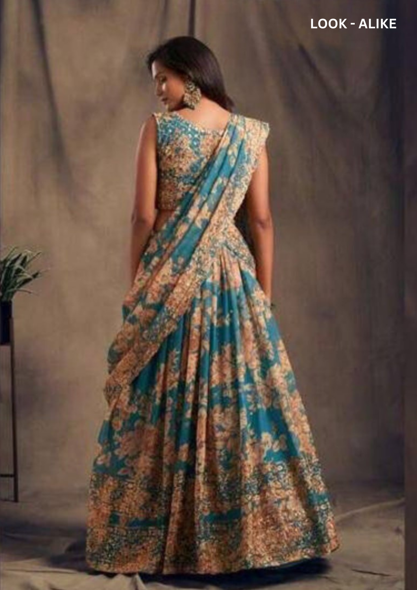 Teal Blue Rose Printed Design and Golden Zari Lehenga With Dupatta Set In Tempe