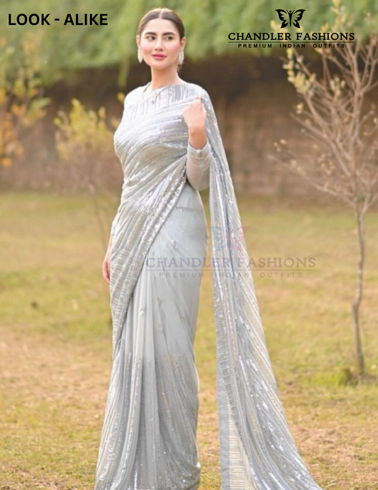 Beautiful Gray Colored Soft Georgette With Sequins Work Party Wear Saree For Women