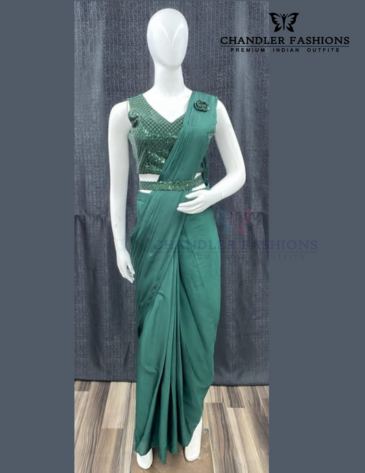 Attractive Green Color Ready To Wear One Minute Designer Saree For Women