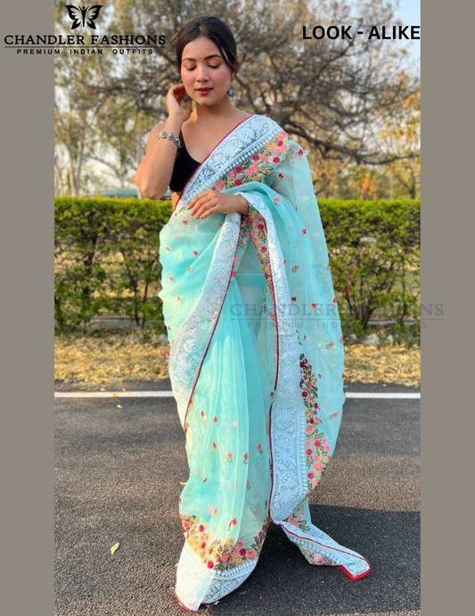 Gorgeous Sky Blue Colored Soft Organza Silk Designer Viscose Border Sarees For Women