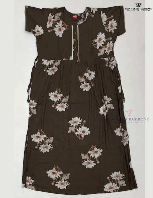 Gorgeous Brown Color Rayon With Printed Work Nighty For Women