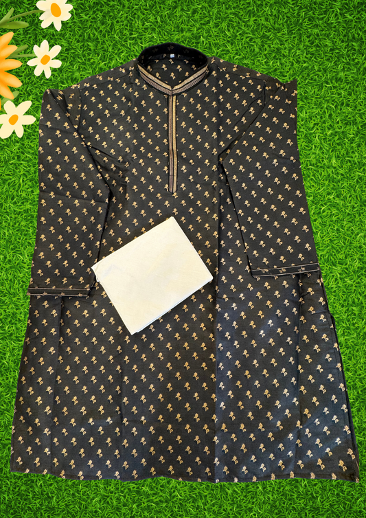 Elegant Black Color Art Silk With Thread Work Floral Pattern Kurta Sets For Men