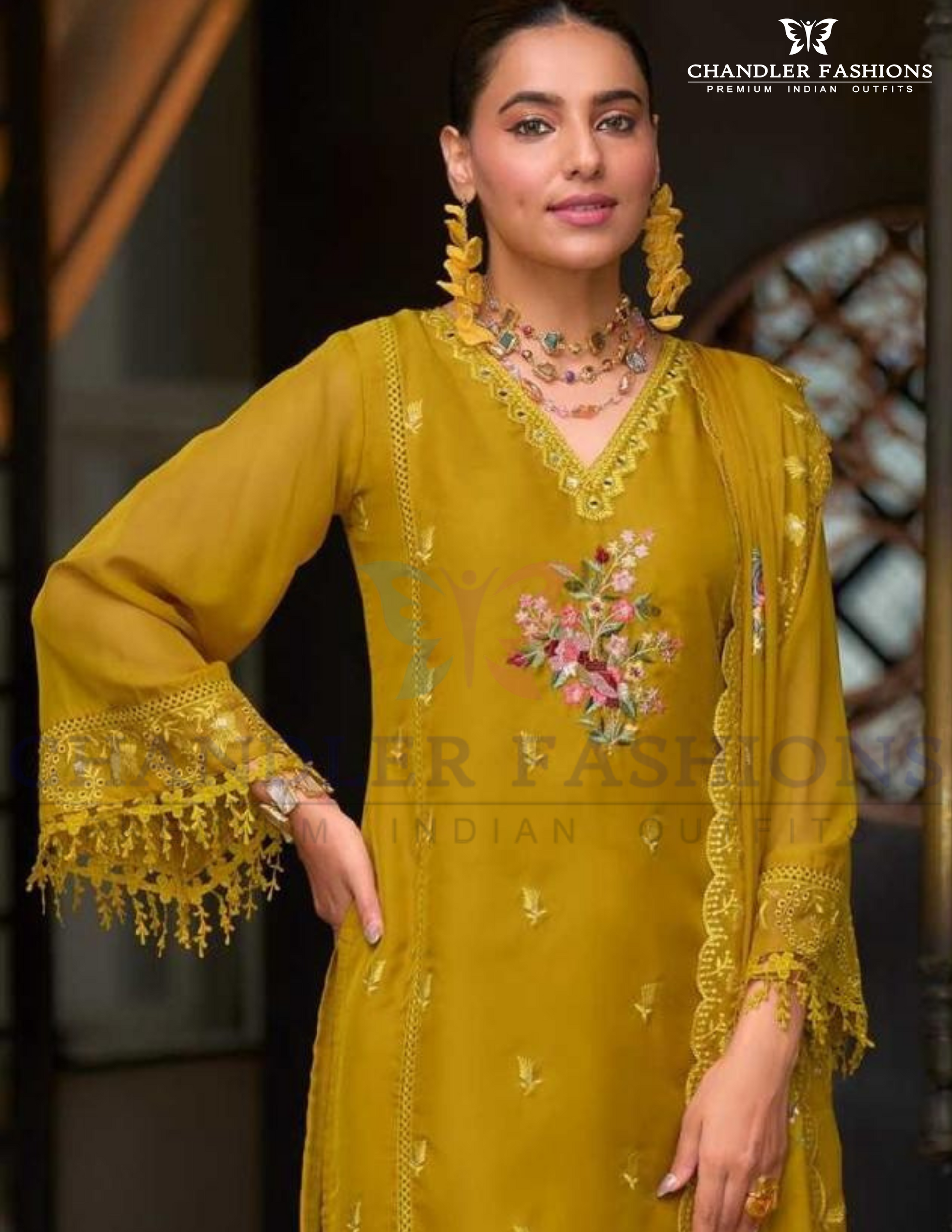 Stunning Mustard Yellow Color Soft Blooming Organza With Embroidery And Lace Work Salwar Suits Near Me