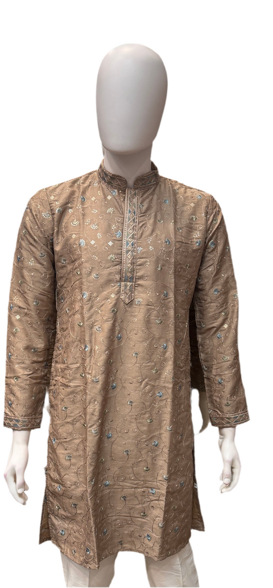 Appealing Brown Color Silk Kurta Suit With Embroidery Flower Work For Men