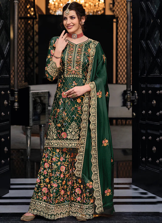 Gorgeous Green Color Designer Palazzo Suits For Women