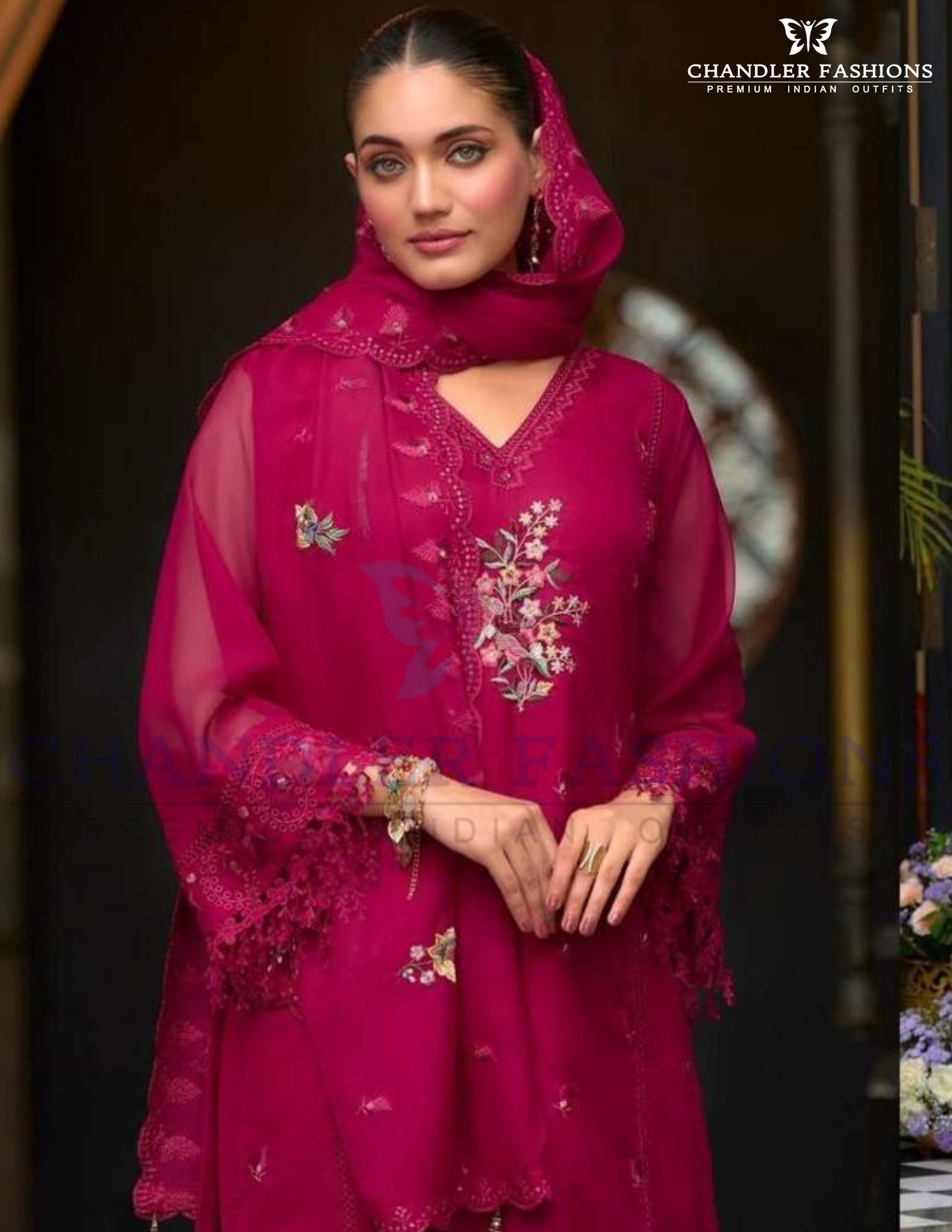 Elegant Rani Pink Color Soft Blooming Organza With Embroidery And Lace Work Salwar Suits Near Me