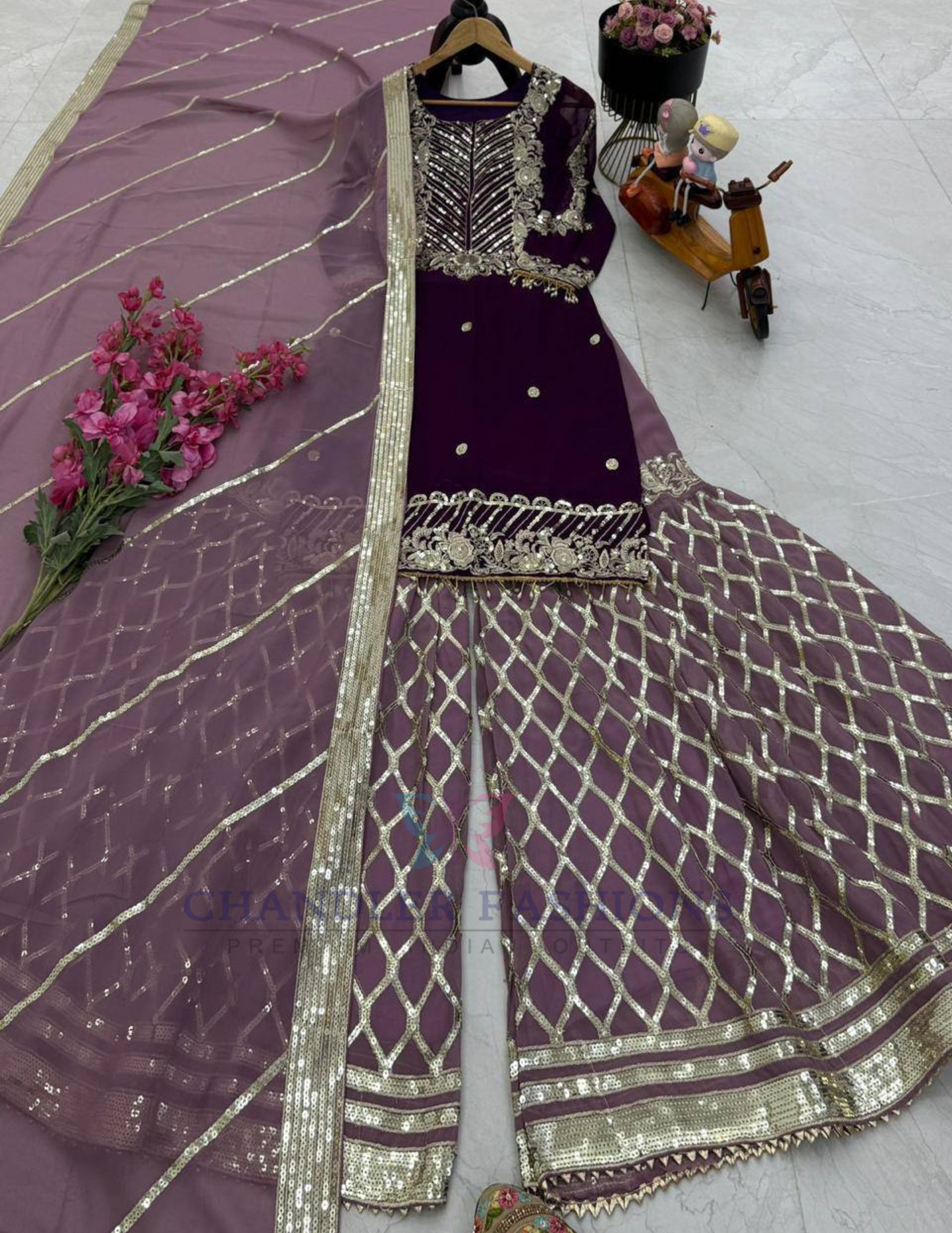 purple Color Georgette With Embroidered Sequins Work Sharara Suits in Mesa