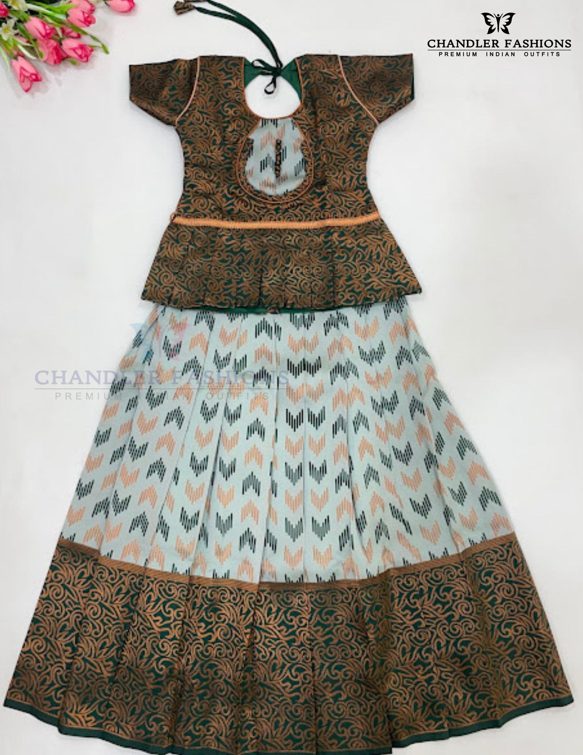 Wonderful Green And Gray Colored Silk Langa Sets With Stone Work For Girls