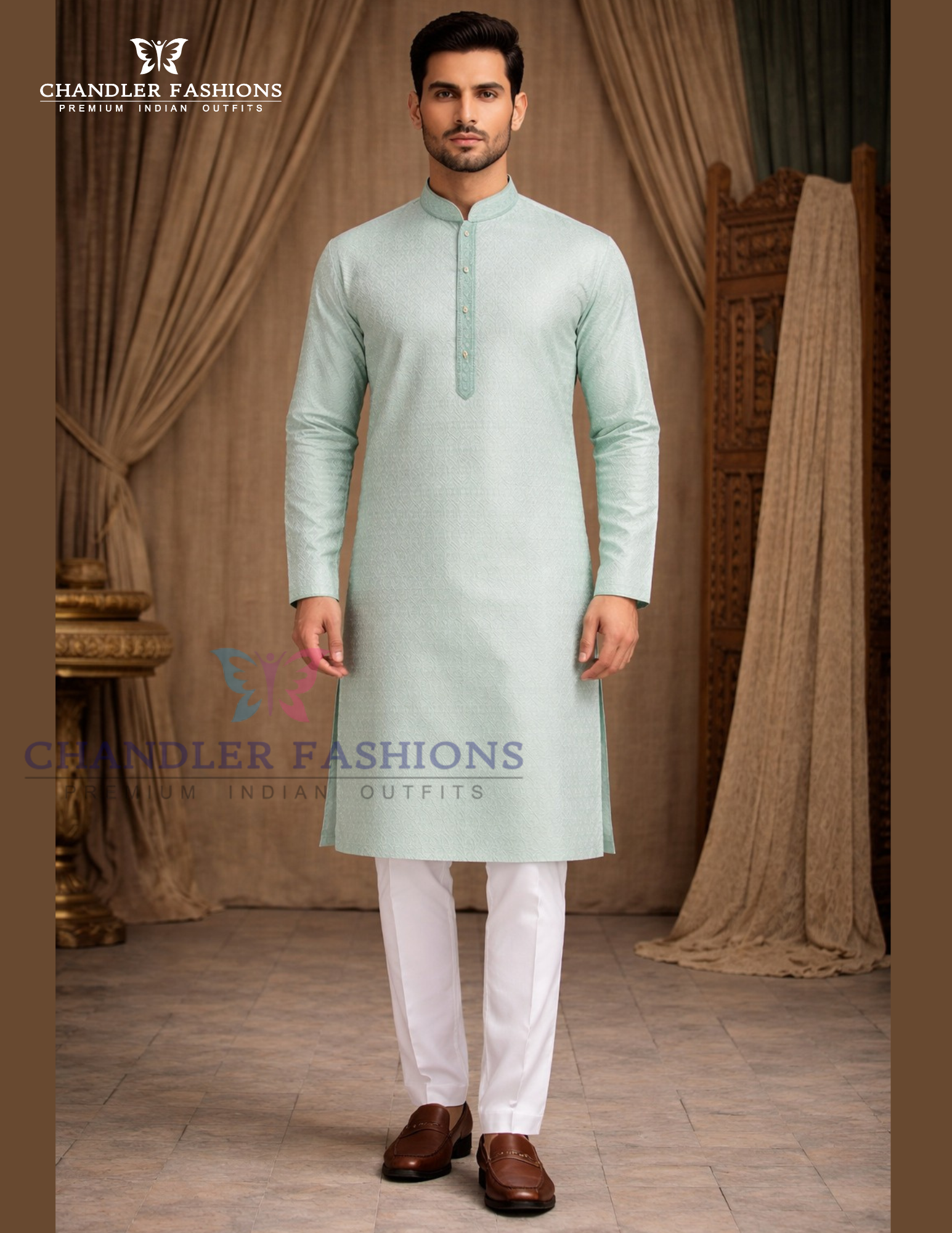 Attractive Sea Green Color Brocade Men's Kurta With Pajama