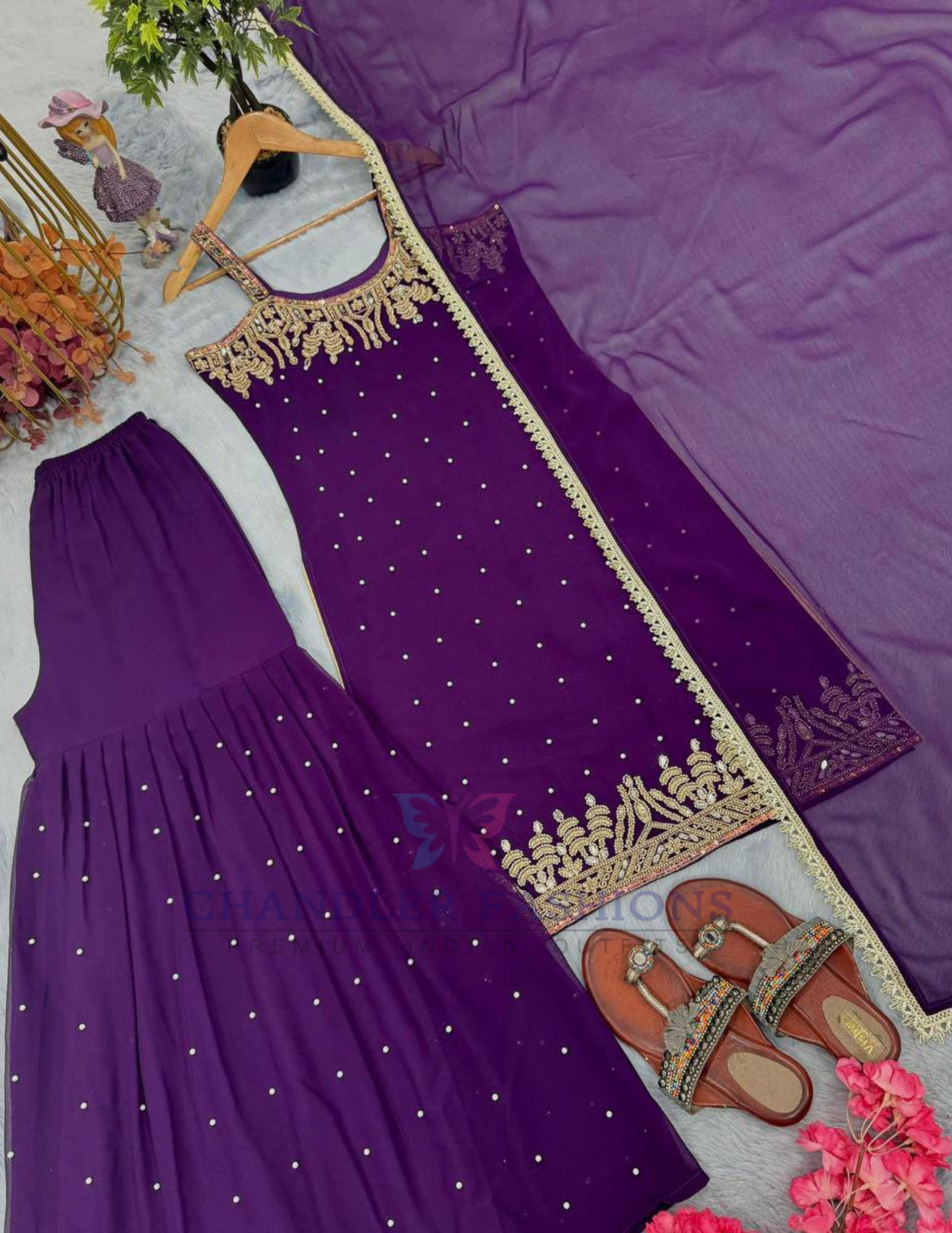 Purple Color Georgette Embroidery Work Palazzo Suits In Yuma