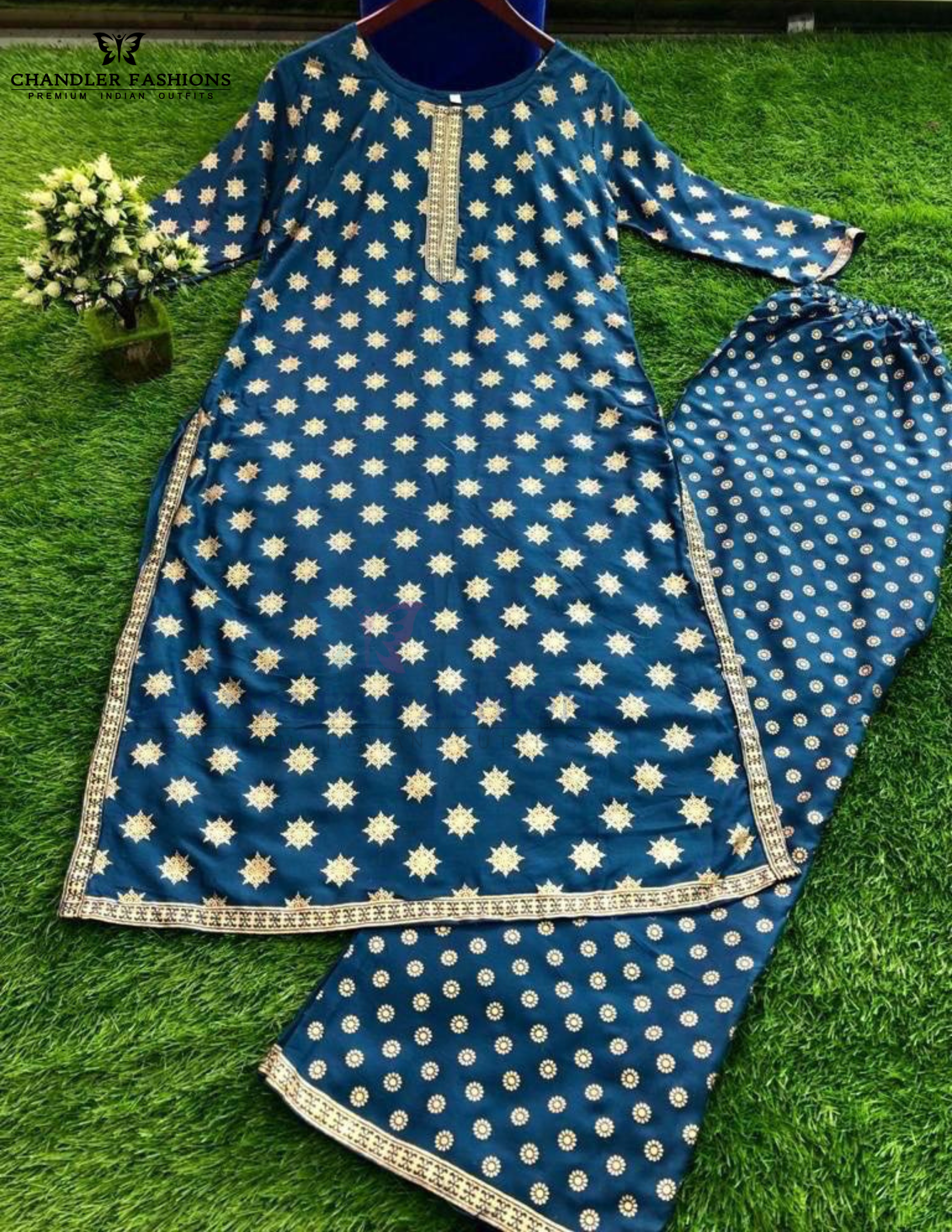 Blue Color Rayon Palazzo Suits In Mesa