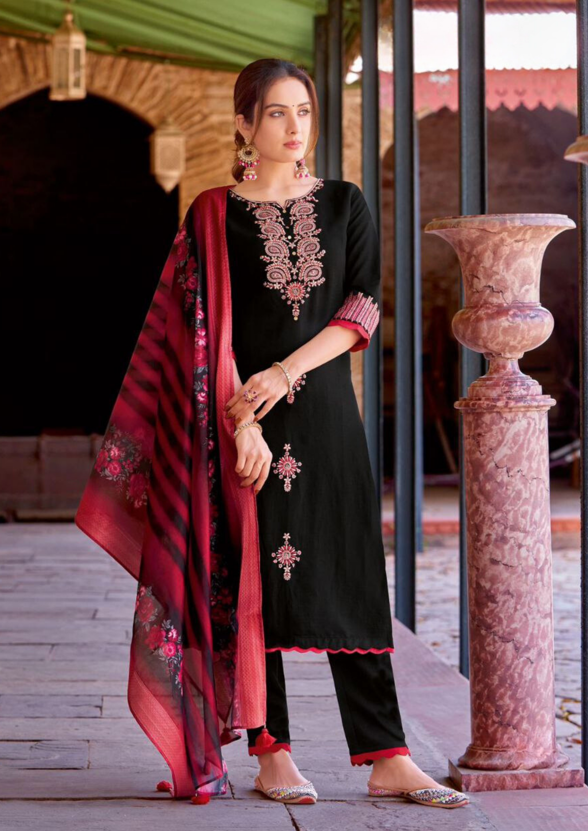 Elegant Black Colored Thread And Handwork Salwar Suits With Dupatta Set