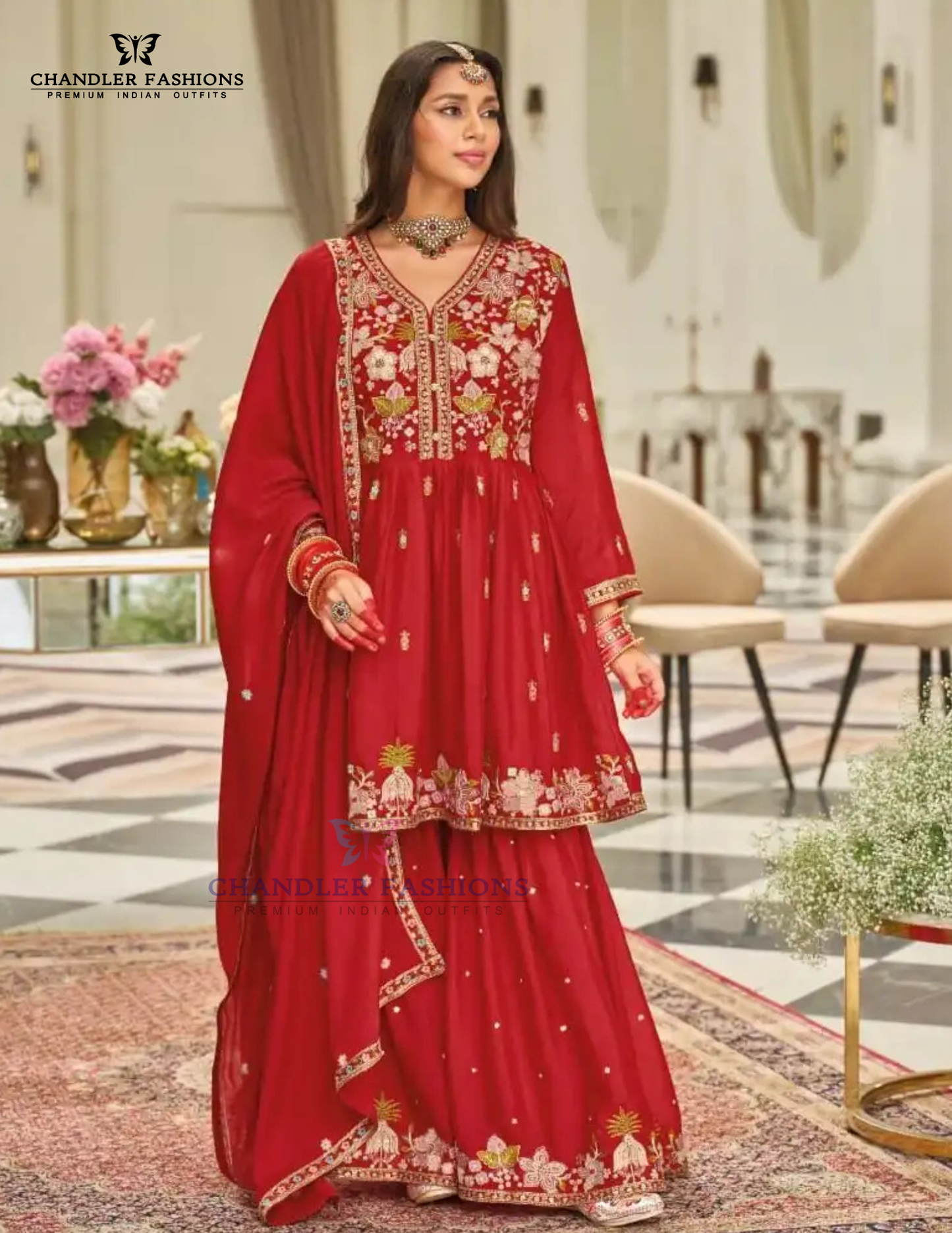 Stunning Red Color Chinon With Emboidery Work Sharara Suits With Dupatta For Women