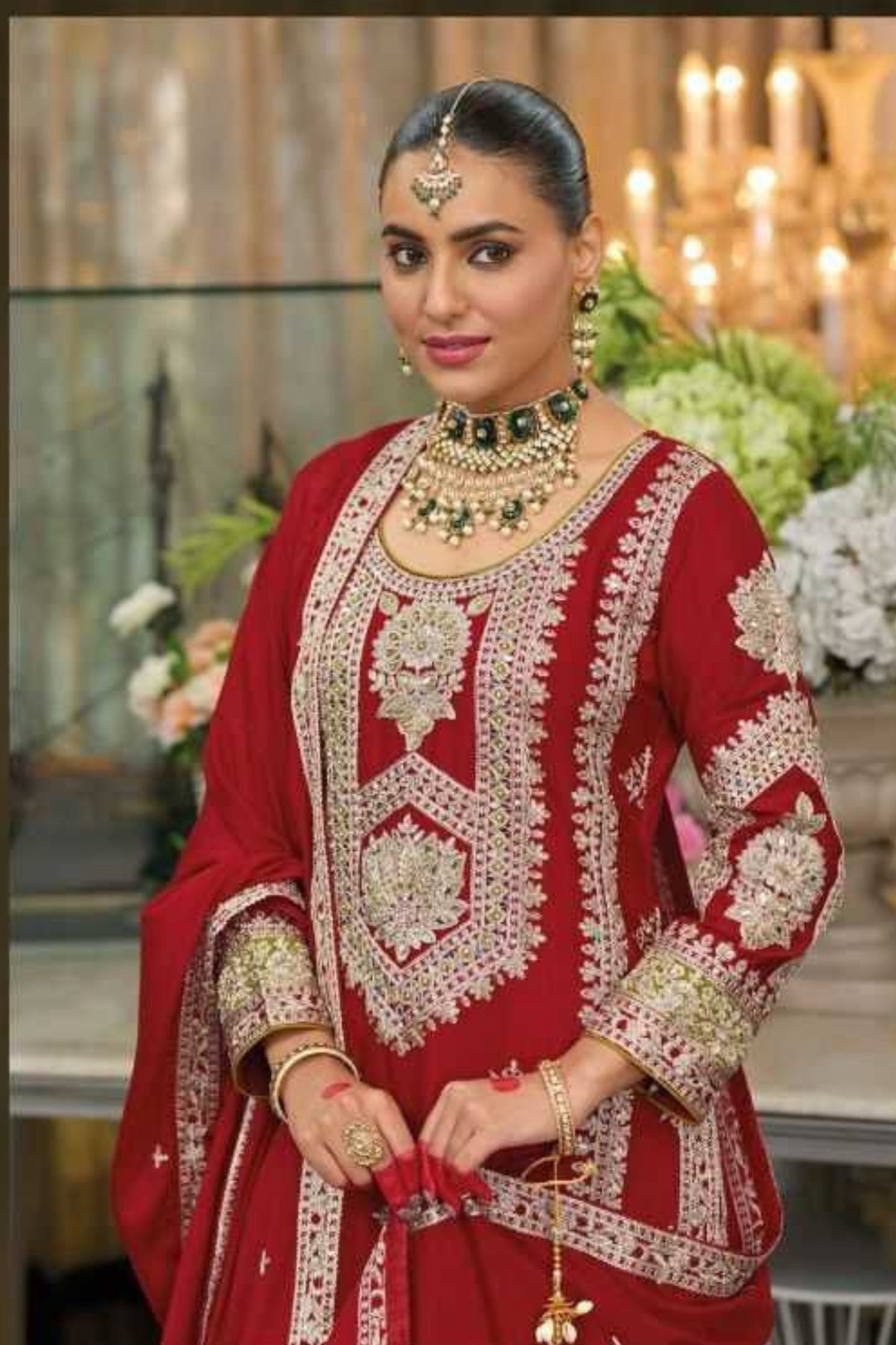 Designer Red Color Palazzo Suits With Dupatta In USA