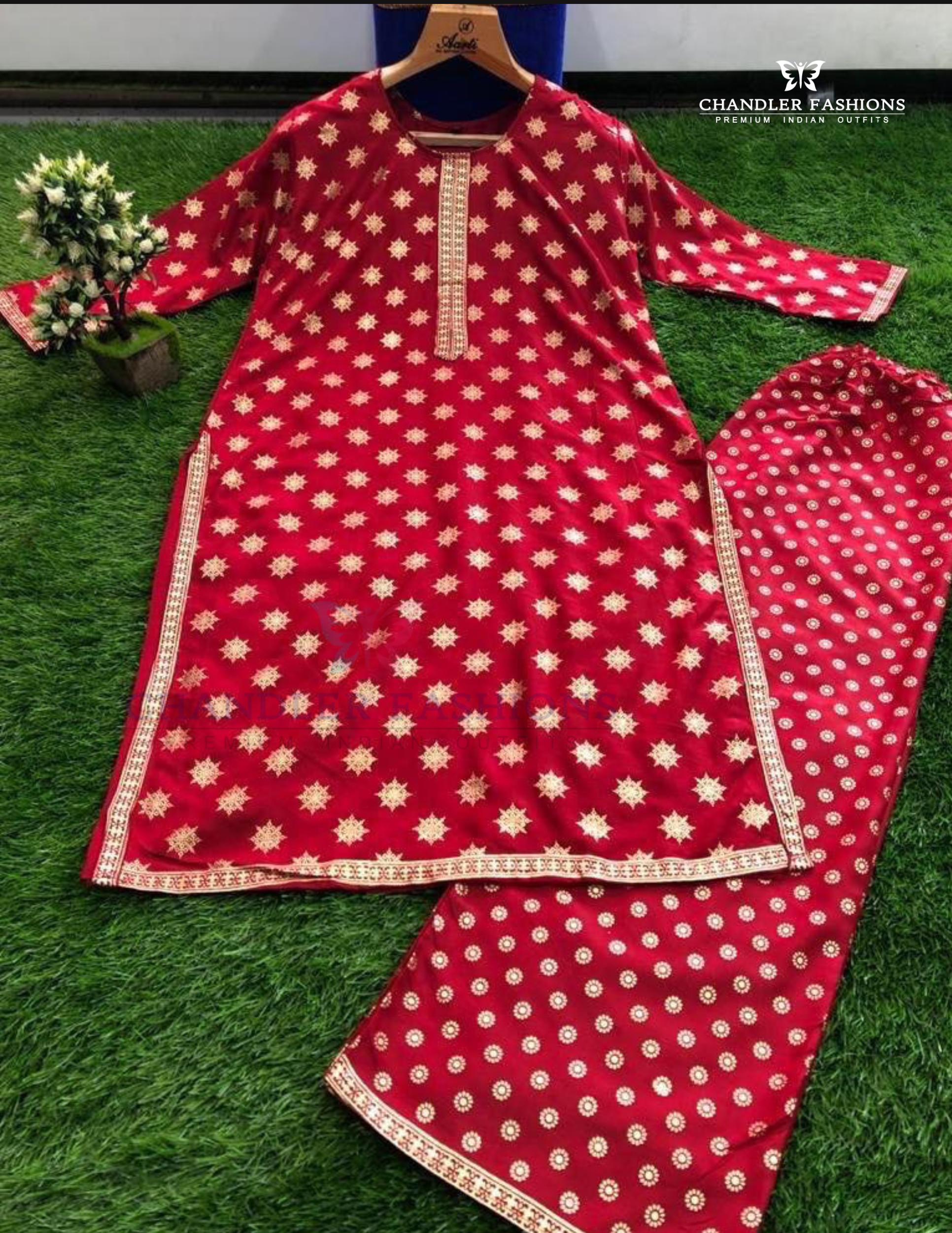 Red Color Rayon Printed Work Palazzo Suits In Mesa