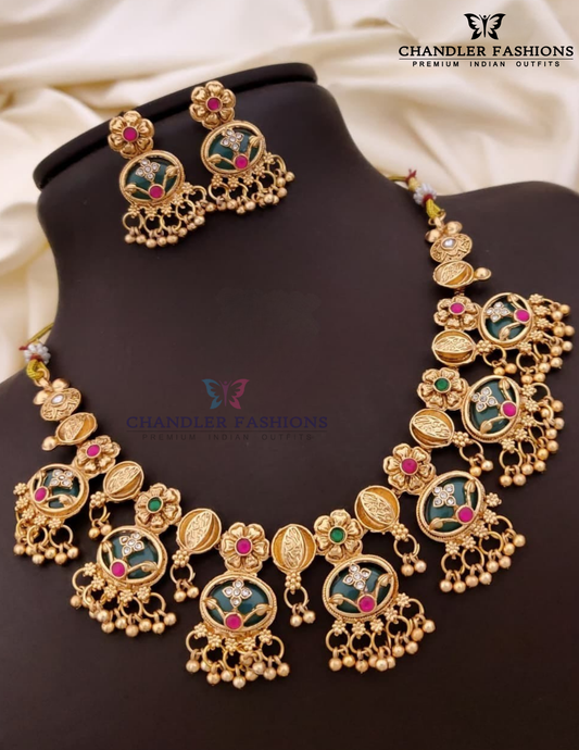 Magnificent Pink And White Color Stone With Green Enamel Work Necklace With Earrings Set