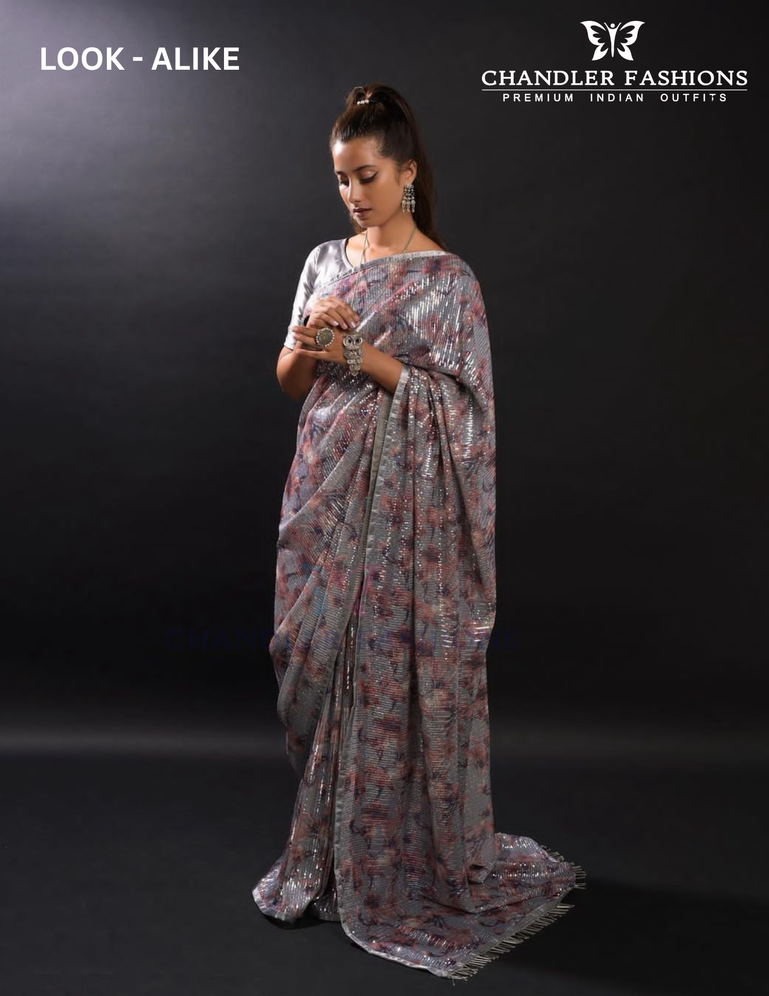 Attractive Gray Colored Sequins Work Embroidery Saree In USA