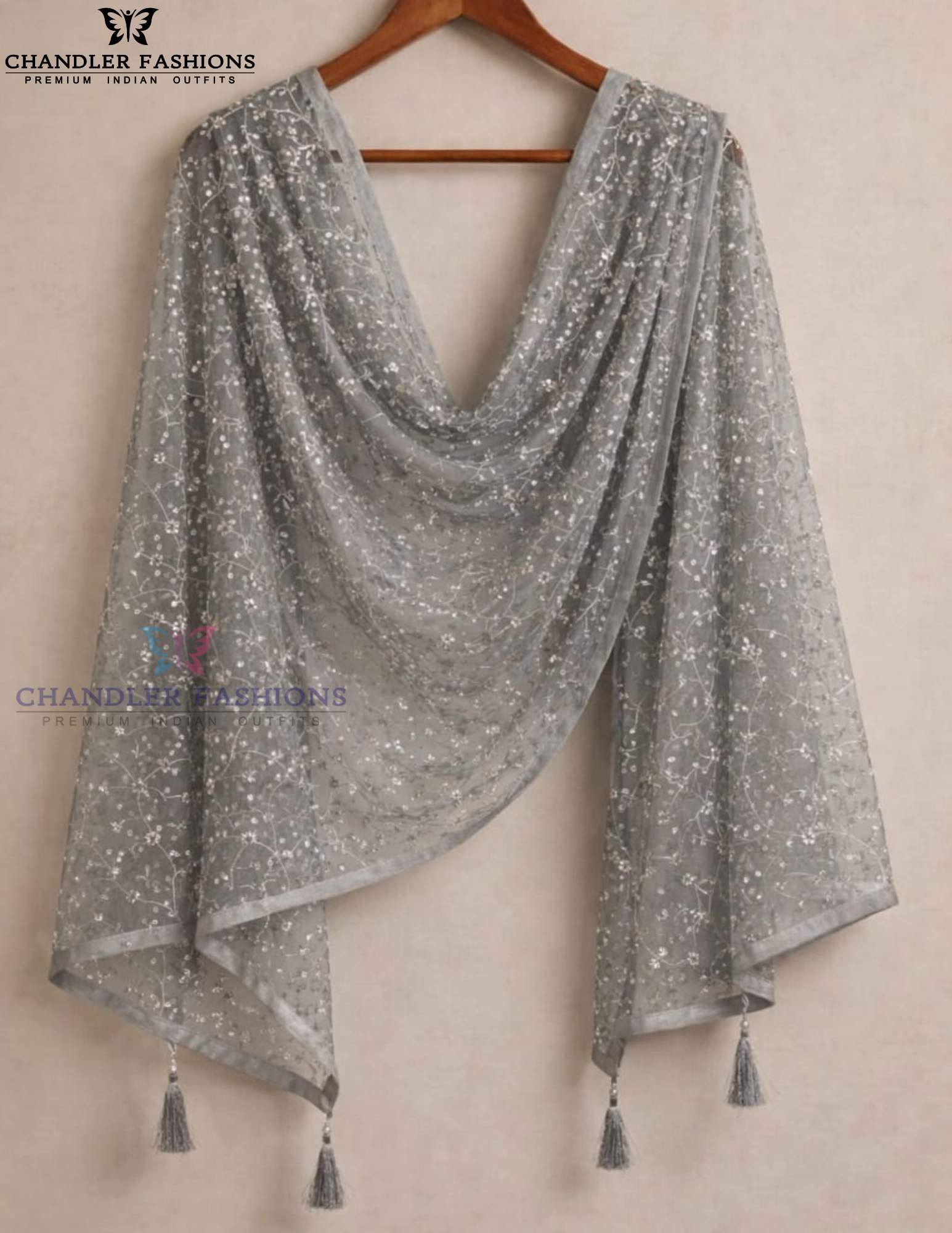 Alluring Gray Color Net With Embroidery Work Dupatta For Women