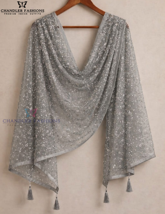 Alluring Gray Color Net With Embroidery Work Dupatta For Women