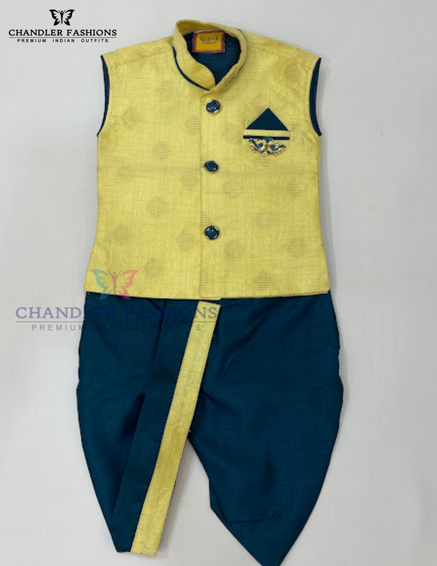 Exquisite Yellow Color Silk Cotton Sherwani Suit With Brooch Pin For Boys