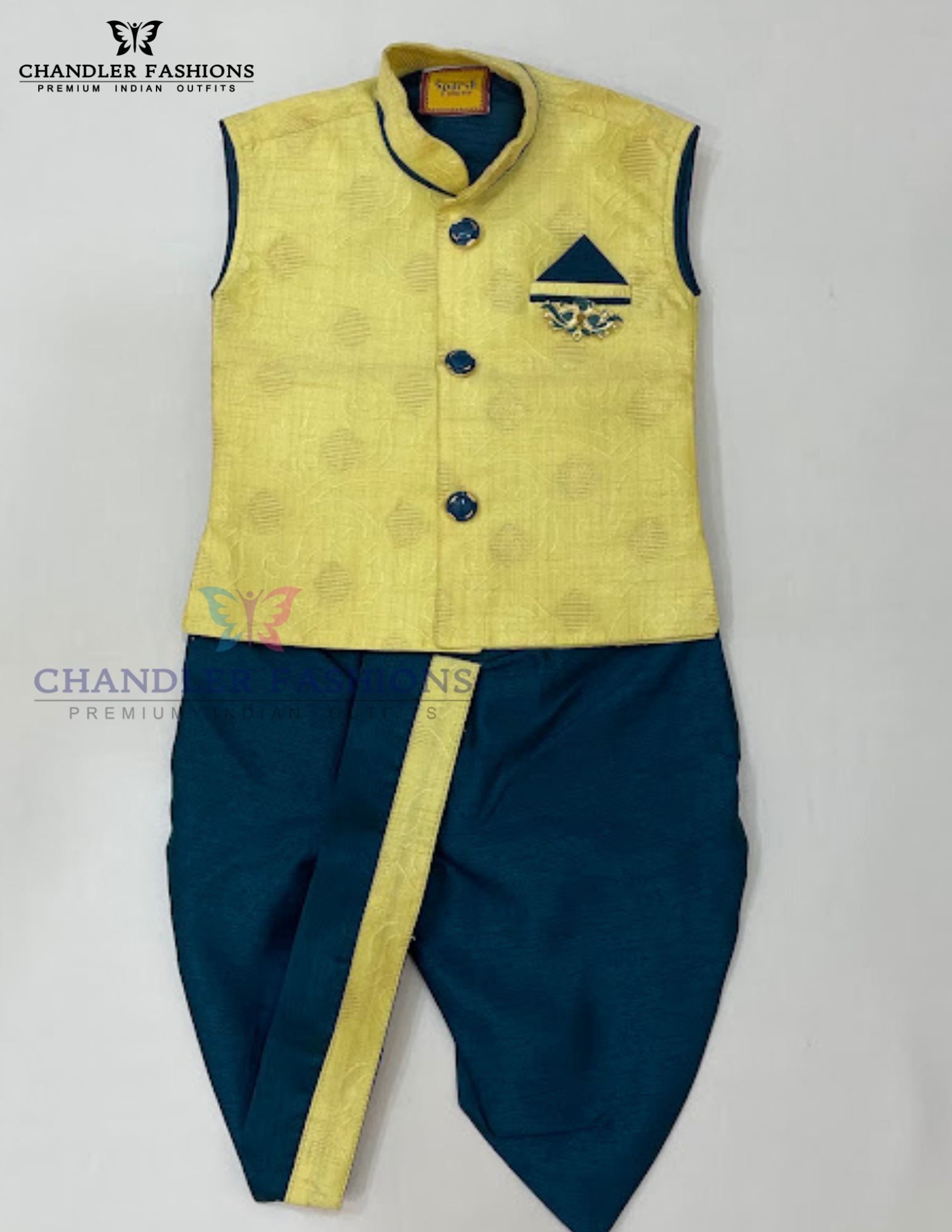 Exquisite Yellow Color Silk Cotton Sherwani Suit With Brooch Pin For Boys