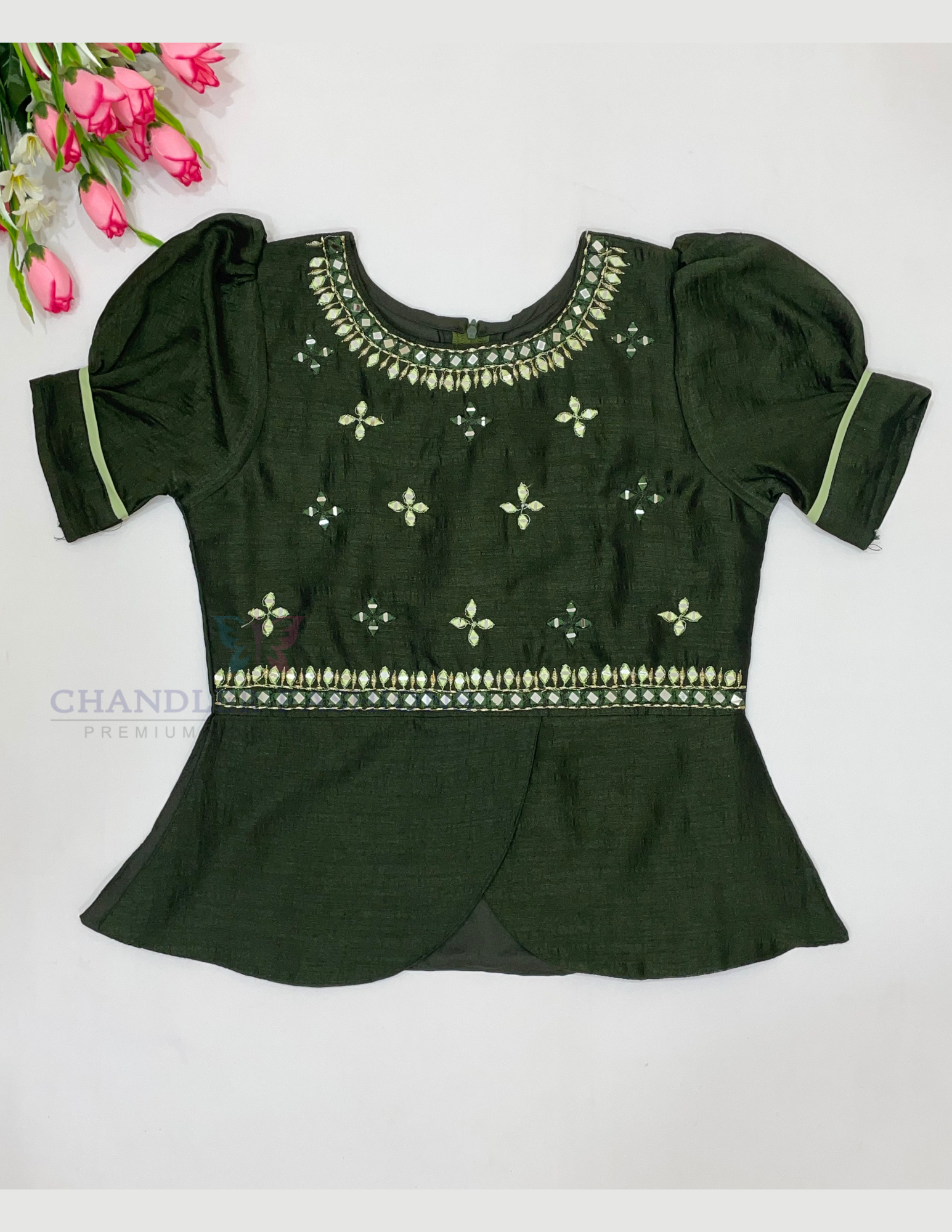 Dark Green Color Georgette With Embroidery And Mirror Work Choli Sets In Yuma