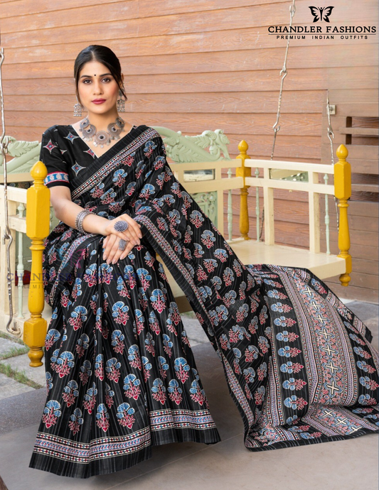 Beautiful Black Color Malai Cotton With Printed Work Saree For Women