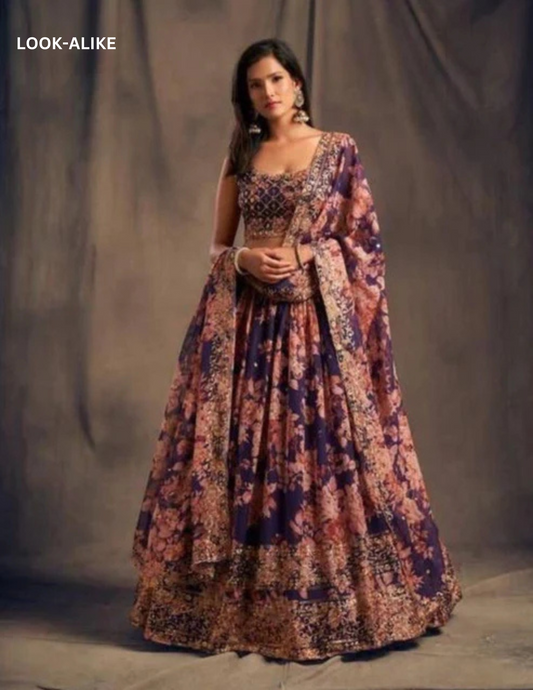 Attractive Purple Color Rose Printed and Golden Zari and Sequins Lehenga With Dupatta Set