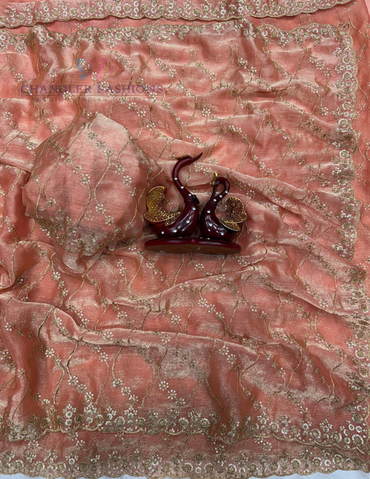 Elegant Peach Color Soft Space Silk With Sequins Embroidery Work Saree For Women