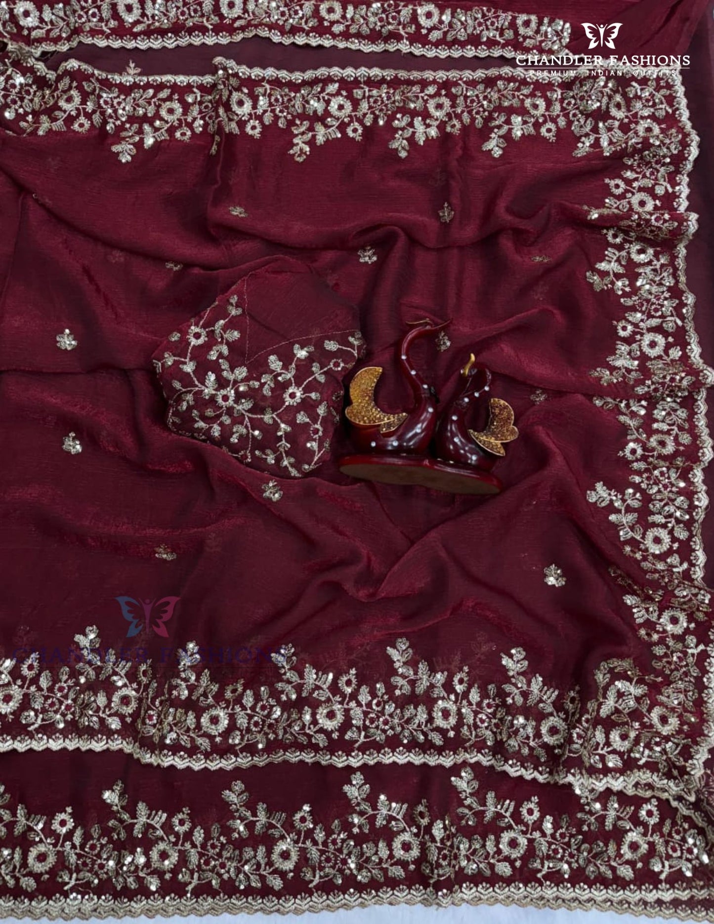 Wonderful Maroon Color Chiffon Saree With Sequins And Embroidery Work For Women