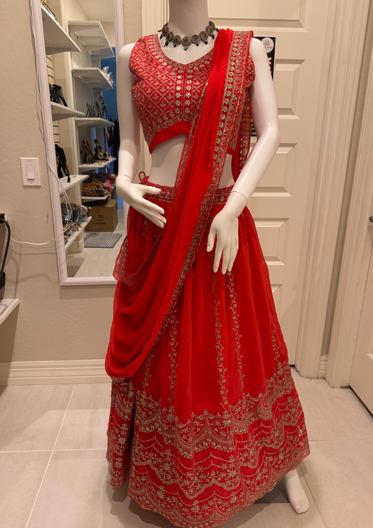 Beautiful Orange Color Sequins With Thread Work Lehenga With Dupatta Set