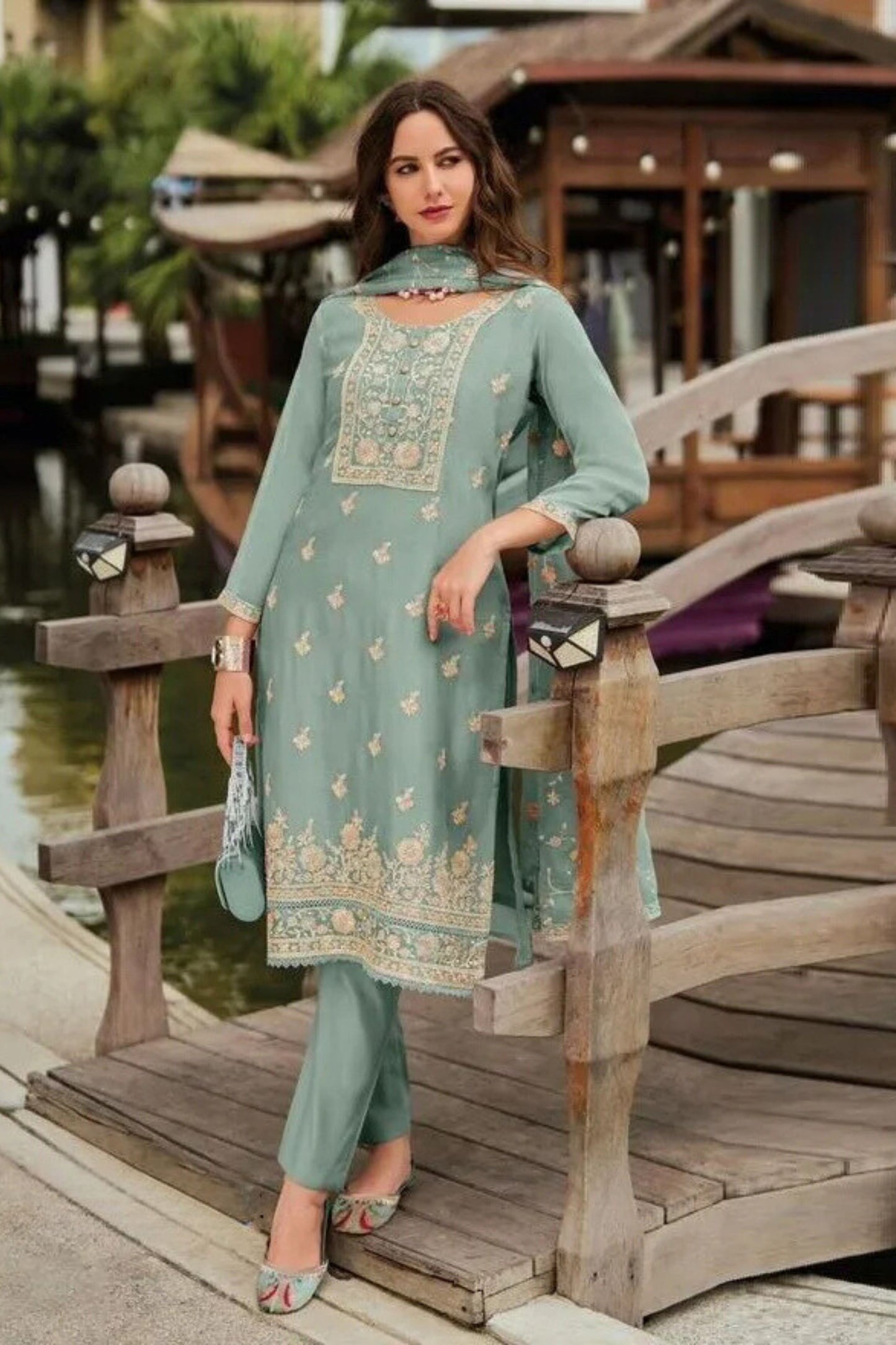 Elegant Teal Blue Color Soft Organza And Embroidery Work Salwar Suits With Dupatta For Women