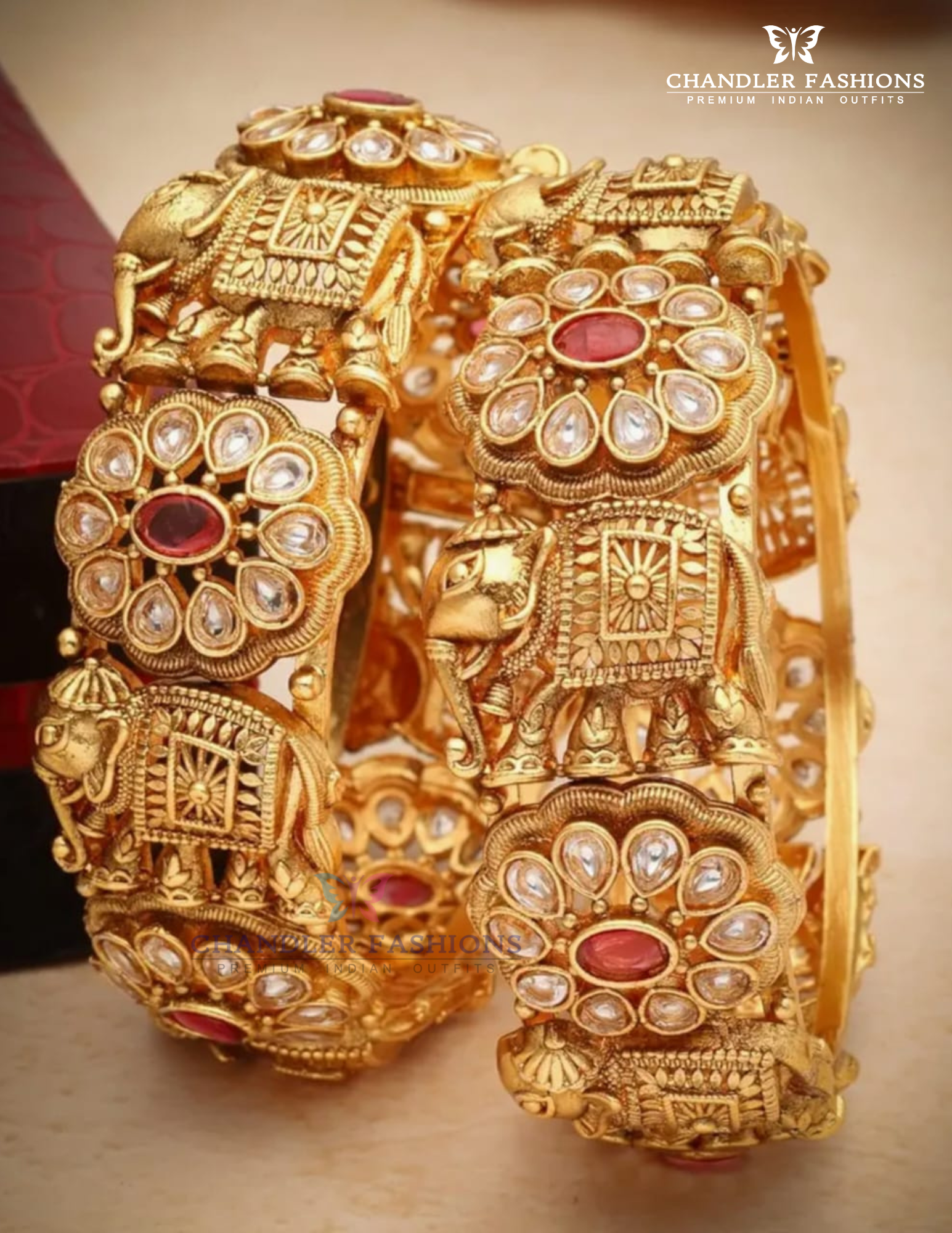 Alluring White And Red Color Stones Studded Gold Plated Bangles For Women