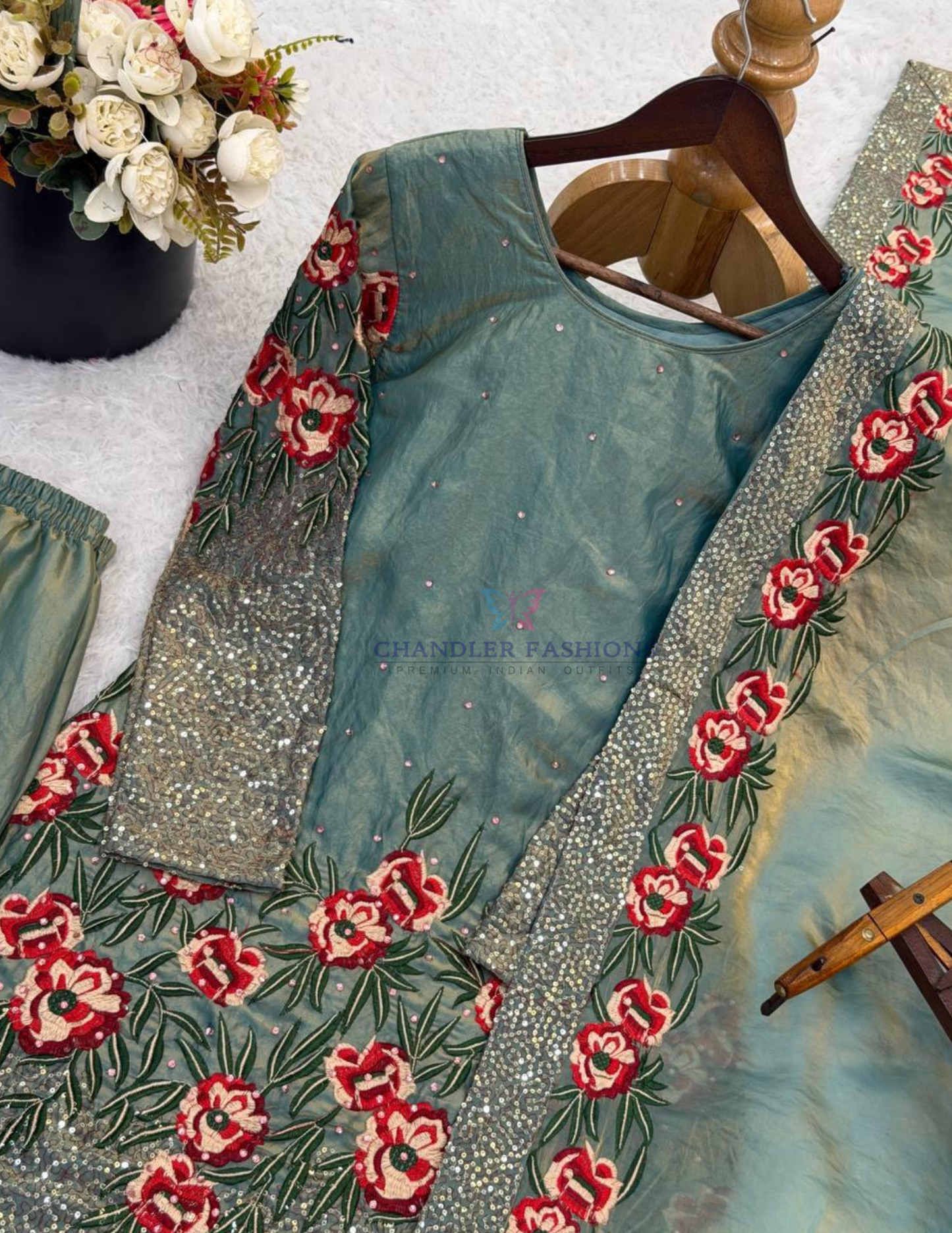 Green Color Fendi Silk  Sharara Suits In Sedona