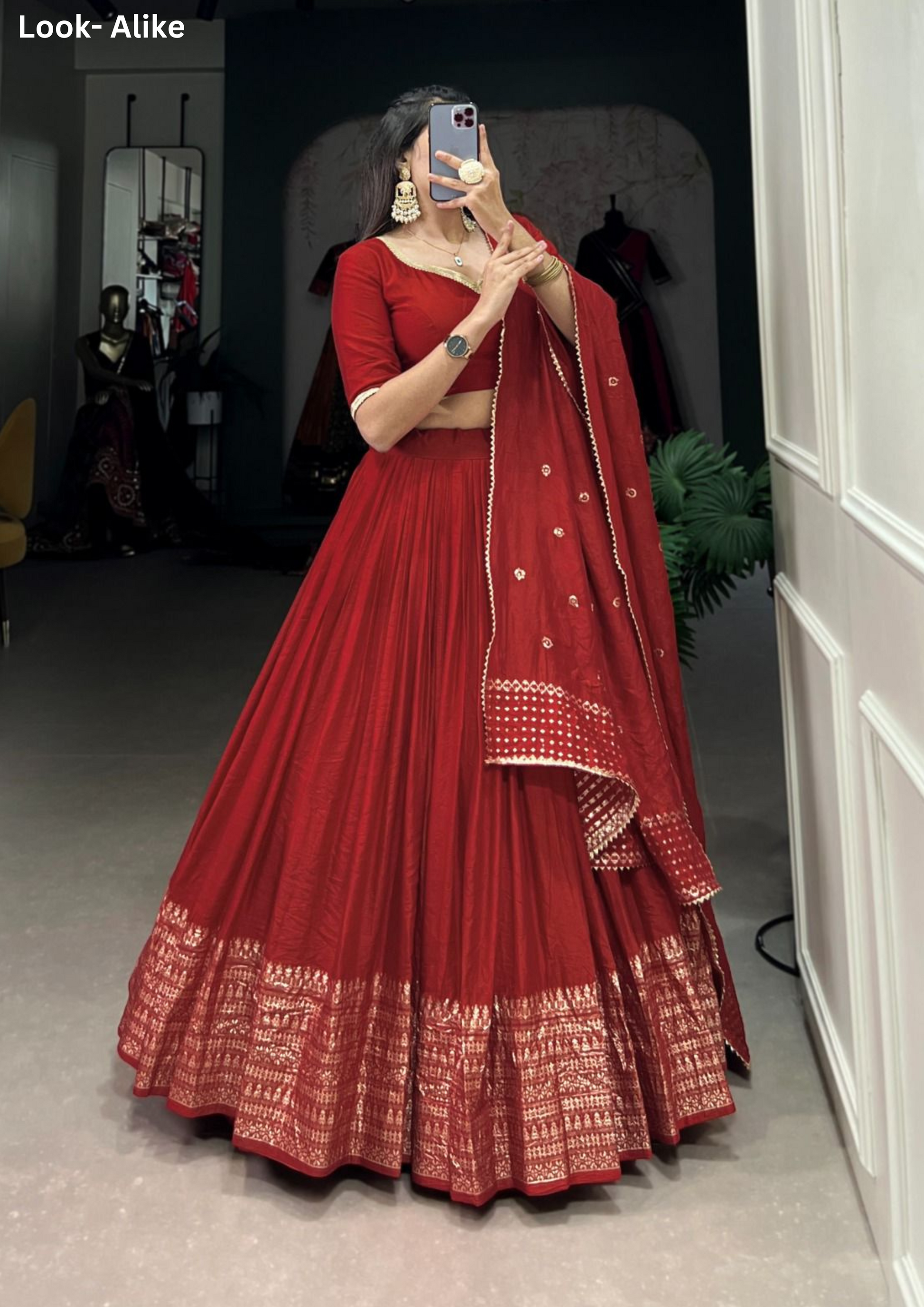 Charming Red Zari Weaving Work Border Lehenga In Near Me