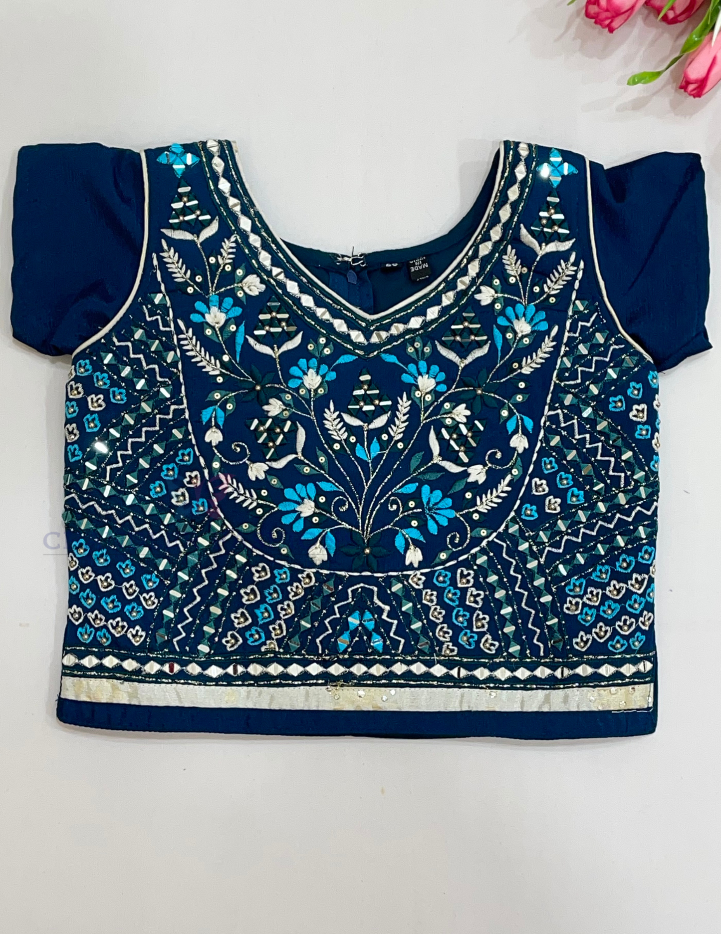 Teal Blue And Off White Color Georgette With Embroidery Work Choli In Tempe