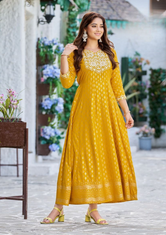 Gorgeous Yellow Color Rayon print Long Anarkali Gown With Heavy Embroidery Work