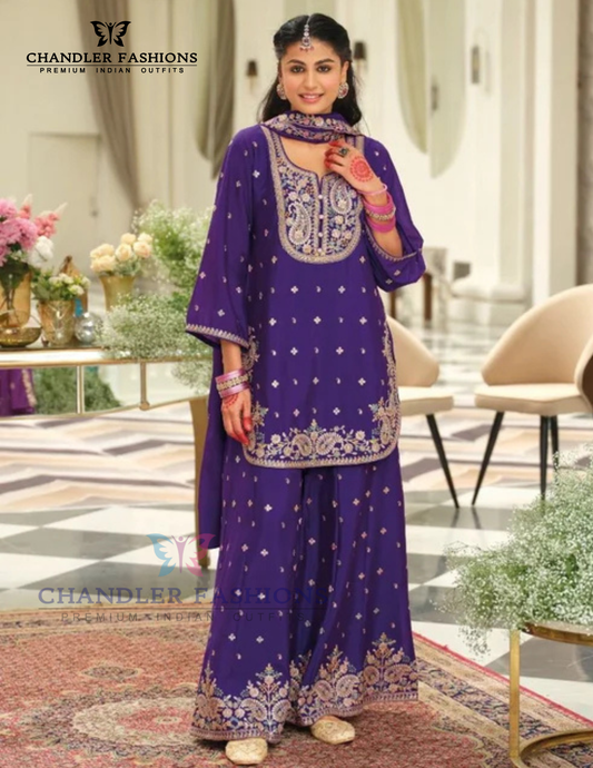 Beautiful Violet Color Chinon Silk With Embroidery Work Palazzo Suits For Women