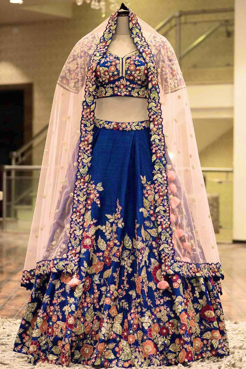 Charming Blue Color Satin Silk Zari Embroidery Work Lehenga Choli For Women