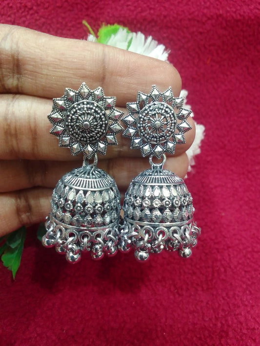 Lovely Oxidized Silver Beats Worked Earrings For Women