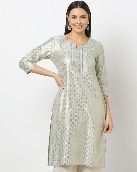 Dazzling Silver Colored Foil Print Kurtis For Women