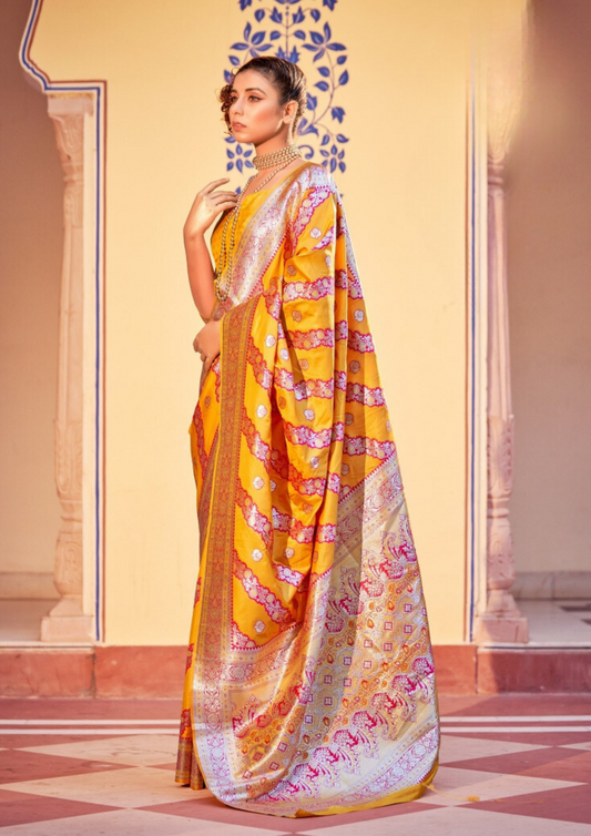 Elegant Yellow Colored Banarasi Soft Silk Sarees With Printed Work For Women