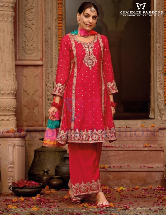 Attractive Rani Pink Color Chinon With Digital Print And Embroidery Work Palazzo Suits For Women