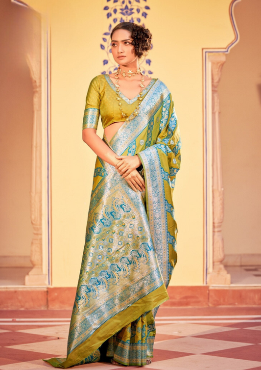 Lovely Green Colored Banarasi Soft Silk Sarees With Printed Work For Women