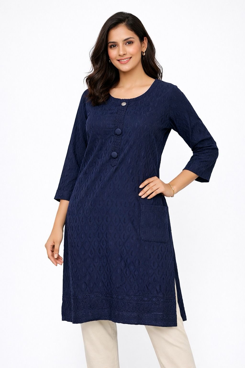 Gorgeous Blue Color Rayon With Chikankari Work Kurti For Women
